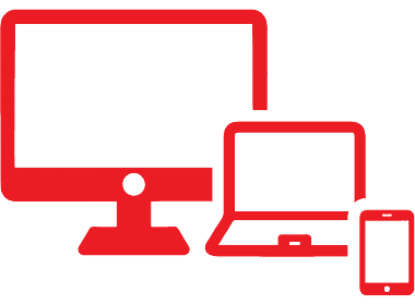 Red icon of a desktop computer, laptop, and smartphone.