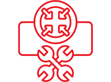 Icono de contorno rojo que representa una llave inglesa y el símbolo de un engranaje, que representa el mantenimiento o la reparación.