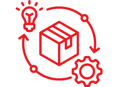 Red outline of a lightbulb, box, and gear interconnected with arrows, representing the product development and manufacturing process.