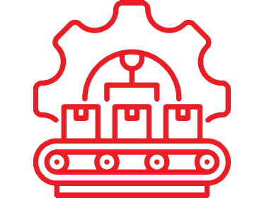 Icon of a conveyor belt with boxes and a gear in the background in red outline.