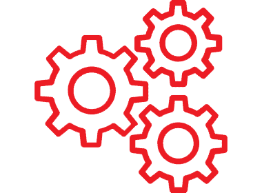 Red outline of three interlocking gears, symbolizing machinery and mechanical processes.