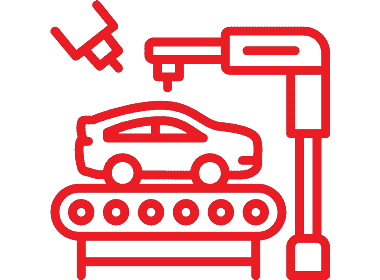 Red outline of a car on a conveyor belt with a robotic arm, representing automated car manufacturing.