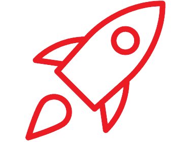 Red icon of a rocket ship.