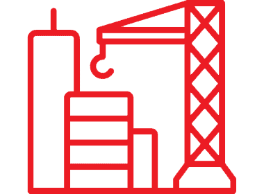 Red icon of a construction site with buildings and a crane.