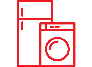 Icon of a refrigerator and a washing machine in red outline.