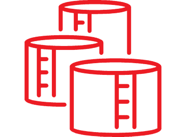 Red icon of three cylindrical storage tanks.