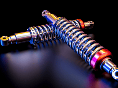 Close-up of two shiny coilover shocks on a dark reflective surface.