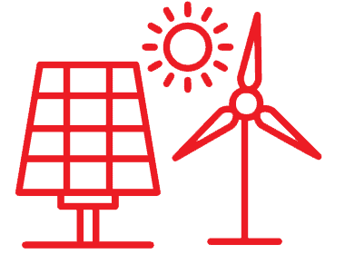 Desenho simples em vermelho da geração de energia eólica e solar