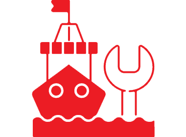 Red icon of a cargo ship with a wrench and a wind turbine.