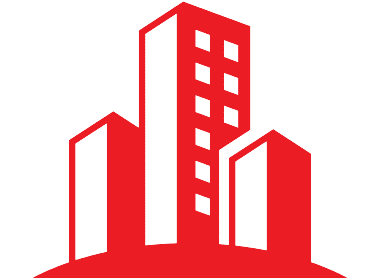 Red icon of a city skyline with buildings.