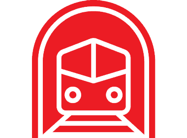 Red and white icon of a train inside a tunnel.