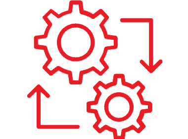 Ícones de engrenagem vermelhos com setas indicando movimento.