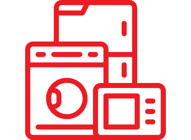 Red icon of household appliances including a washing machine, refrigerator, and microwave.