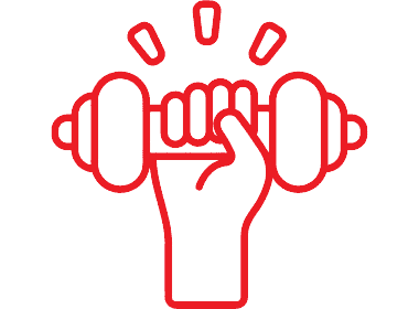 Icon of a hand holding a dumbbell with motion lines indicating lifting.