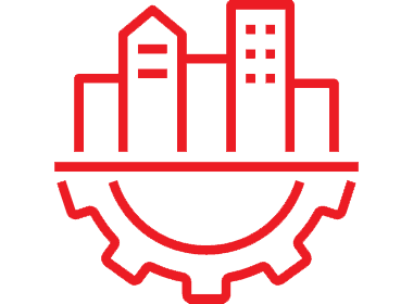 Red icon of buildings with a gear symbol underneath.