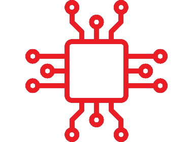 Red icon of a microchip with multiple connections extending from its sides.