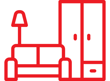 Icon of a sofa, lamp, and wardrobe in red outline.