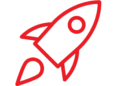 Red icon of a rocket ship.