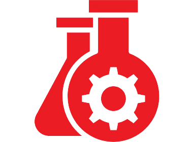 Red icon of laboratory flasks with a gear symbol.