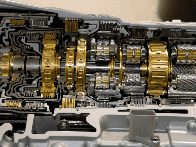 Close-up view of the internal components of a mechanical gearbox.