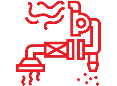 Red icon representing an industrial machine with pipes and valves, emitting steam or gas.