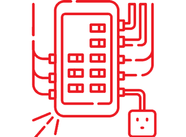 Icon of an electrical panel with multiple wires and a power outlet in red outline.