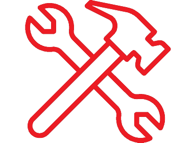 Red outline of a wrench and hammer crossed together, symbolizing tools and repair.