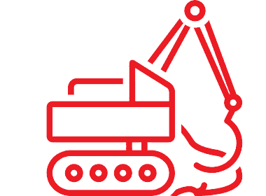 Red line drawing of an excavator with a hydraulic arm.