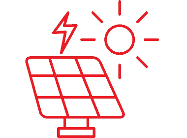 Red icon depicting a solar panel with a sun and a lightning bolt, symbolizing solar energy generation.