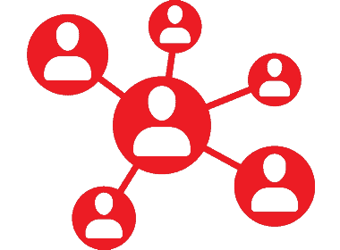 Red icon illustrating interconnected user profiles, symbolizing a social network or community.