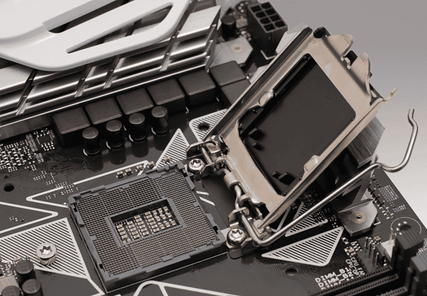 A close-up of an open CPU socket on a motherboard.