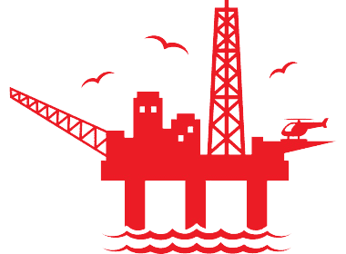 Icono rojo de una plataforma petrolífera en alta mar con pájaros y un helicóptero.