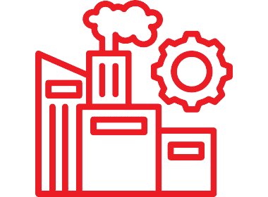 Red line drawing of a factory with smoke and a gear icon.