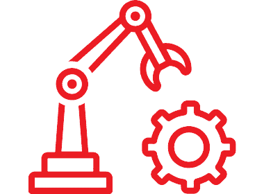 Red icon of a robotic arm with a gear.