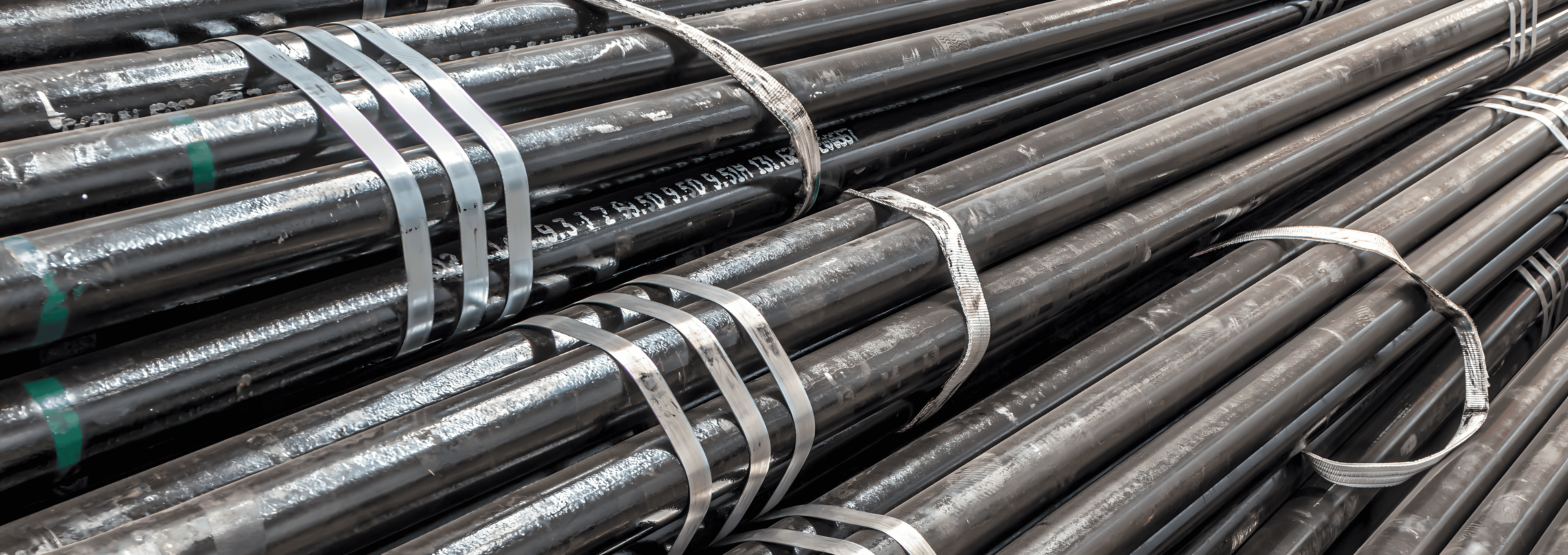 Bundles of alloy steel bars, secured with metal straps, are stacked in a warehouse.