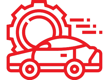 Red icon of a car with gears in the background.