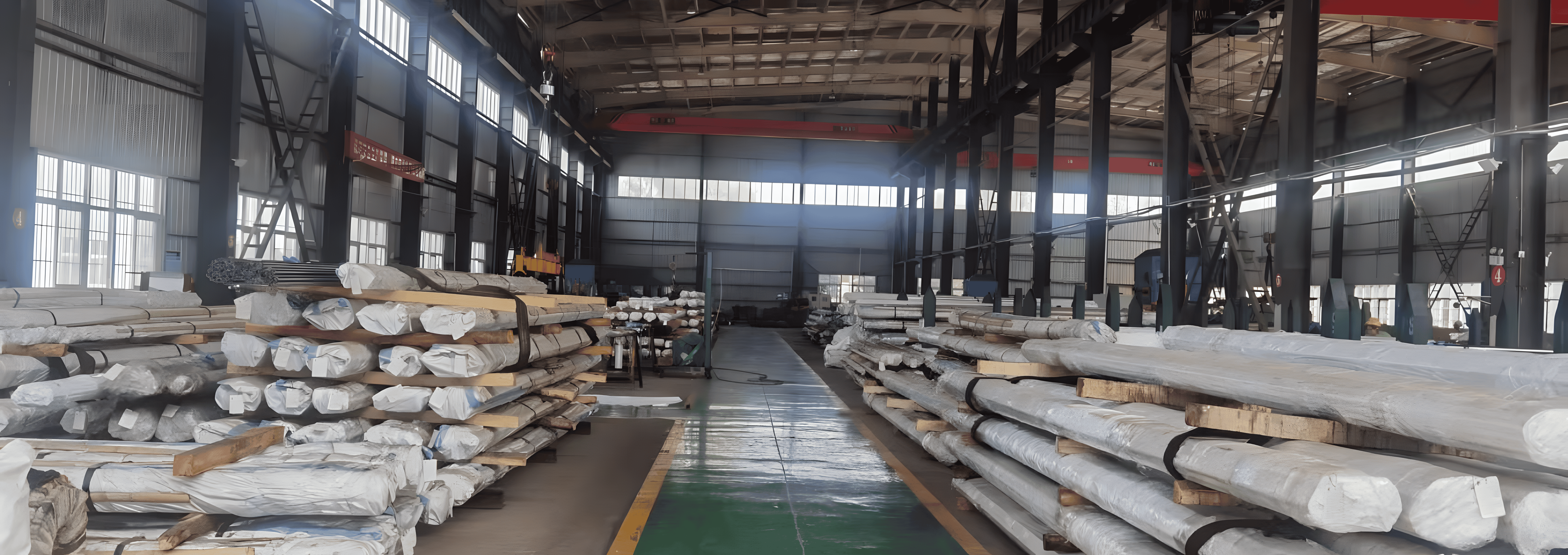 Stacks of cold rolled steel bars stored in a large warehouse, ready for distribution.