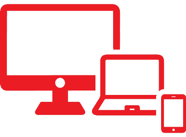 Red icon of a desktop computer, laptop, and smartphone.