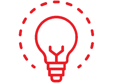 Red icon of a light bulb with dashed lines around it.