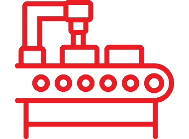 Red icon of a robotic arm over a conveyor belt.