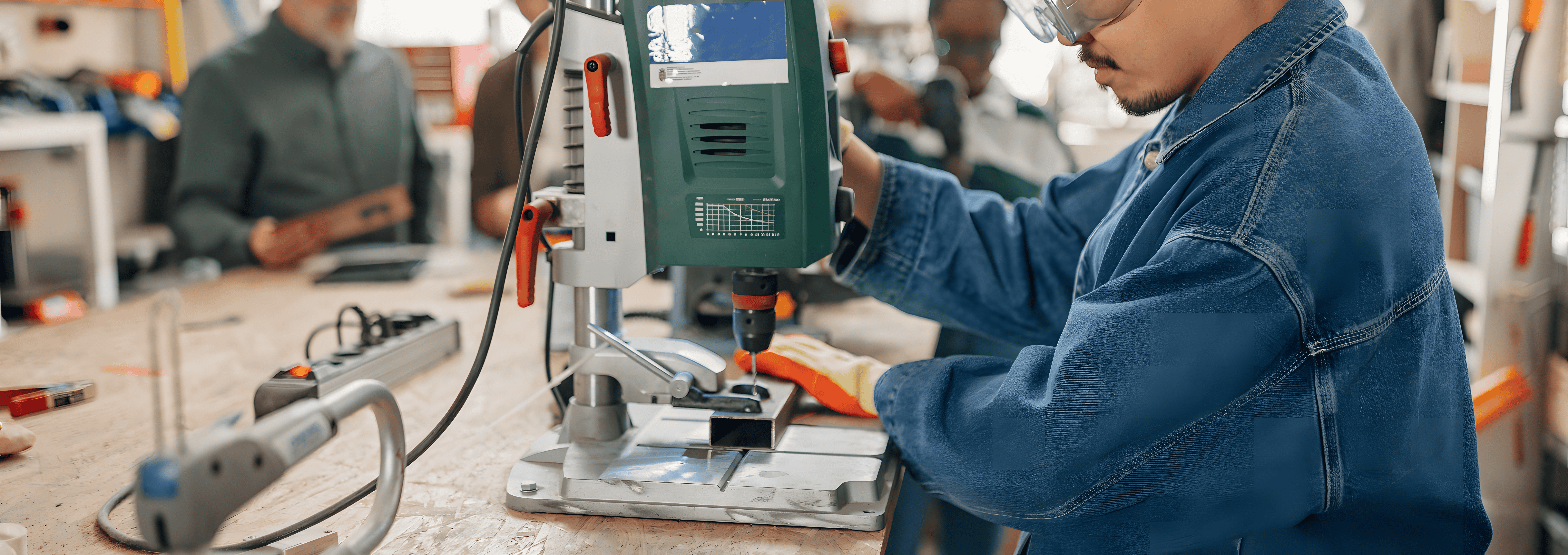 A worker using a drill press to machine a piece of structural steel bar in a workshop setting.