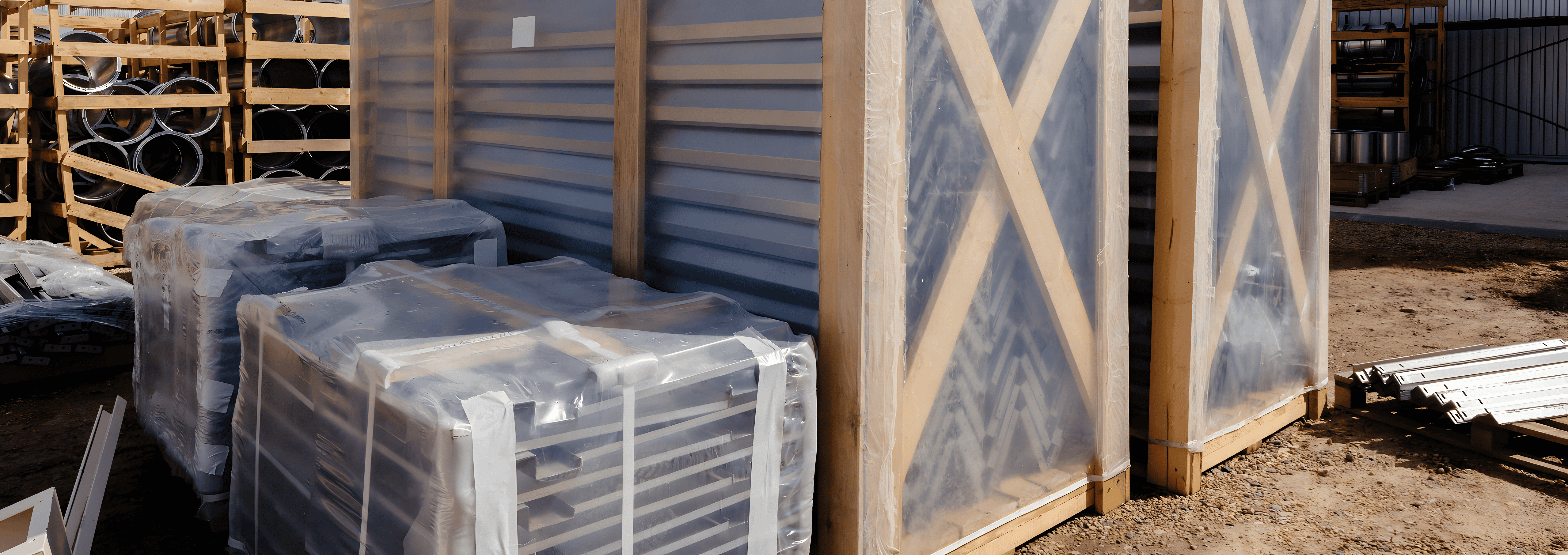 Pallets of structural steel bars wrapped in plastic and stored in a yard.