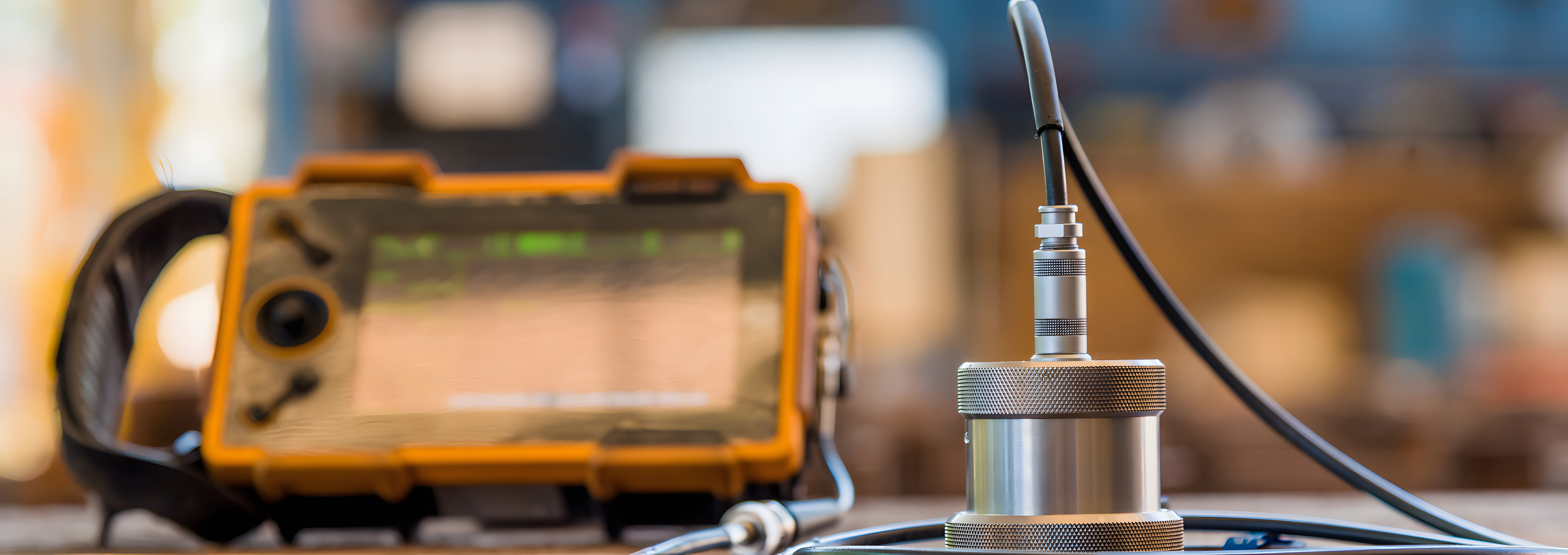 A close-up view of an ultrasonic thickness gauge, used for measuring the thickness of tool steel bars, with a digital display screen showing readings.