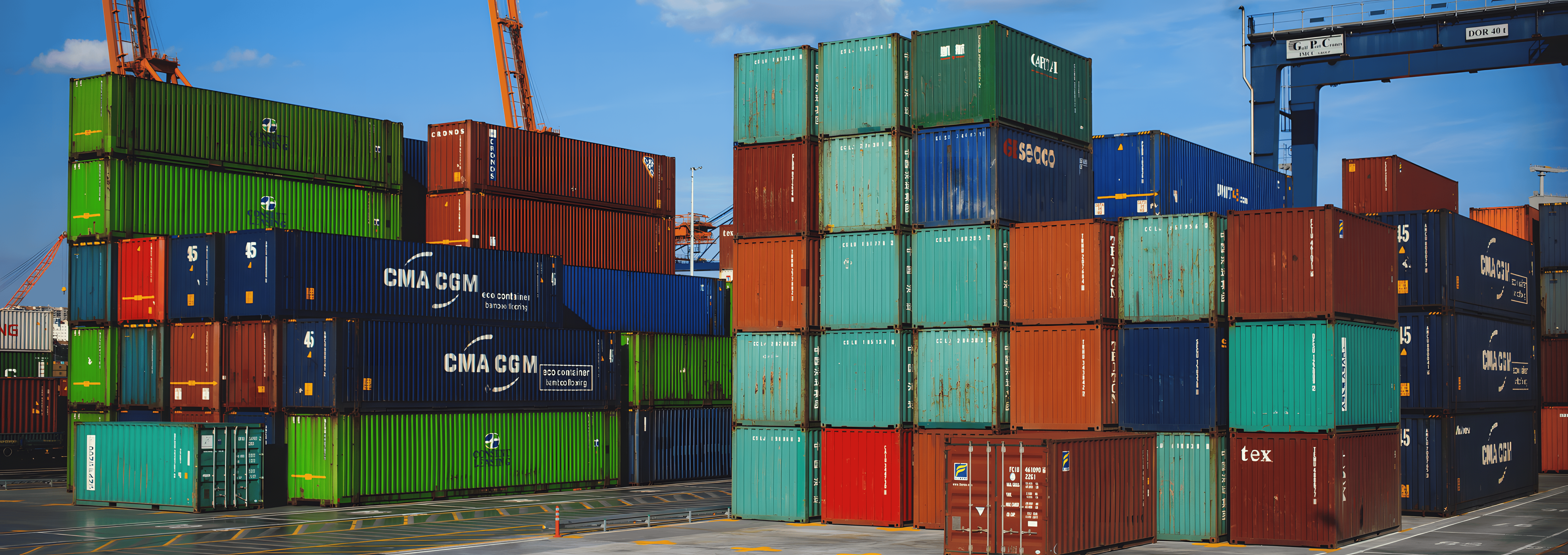 Stacked colorful shipping containers at a port, with cranes in the background.