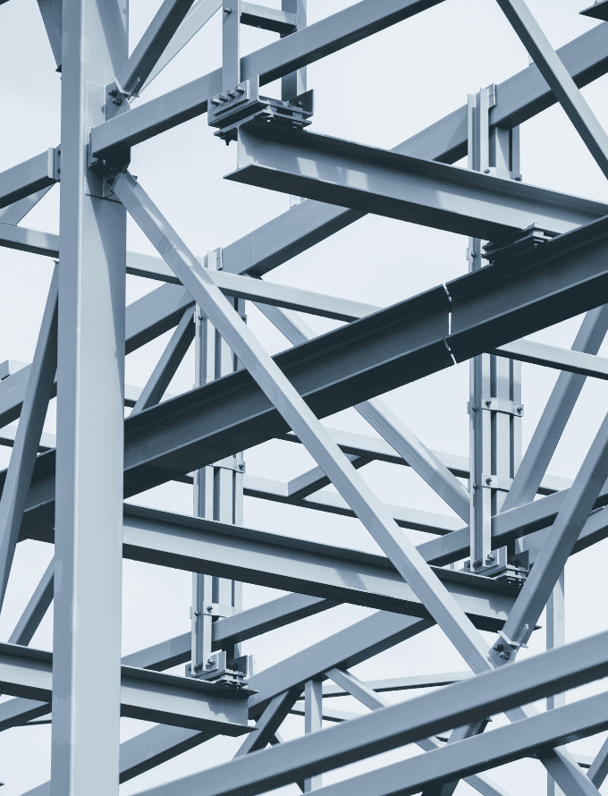 Close-up view of steel beams forming a structural framework.