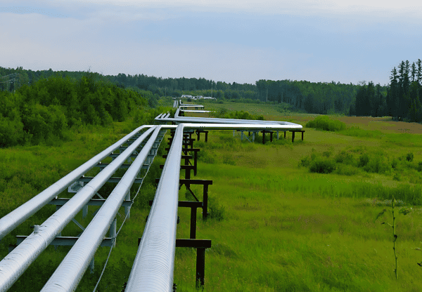 A stretch of X70 pipeline steel running through a green, forested area.