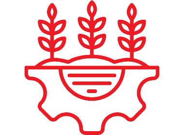 Red icon of a gear with wheat stalks on top.