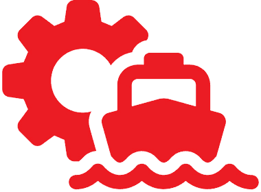 Icon of a gear and a ship on water.