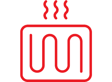 Red icon of a heating element with steam lines above it.