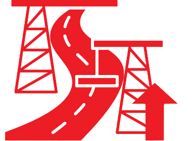 Red icon of a road construction scene with bridges and an upward arrow.